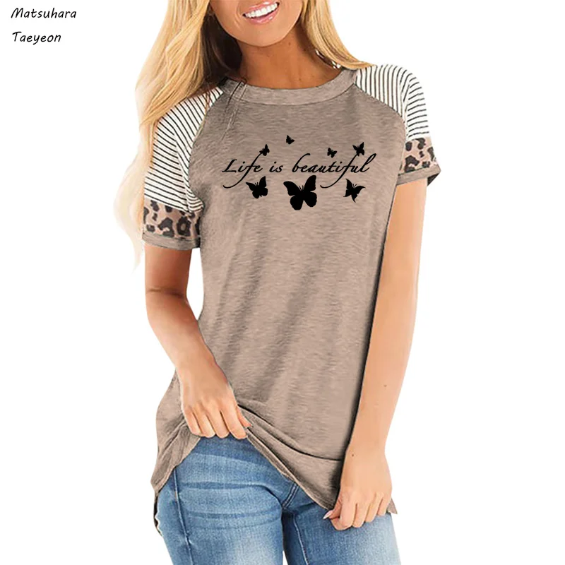 

Life Is Beautiful Butterflies Letter Print Summer Women T-shirt Casual Short Sleeve 2020 Fashion Leopard Tops Tee Shirts Female