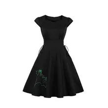 Модное женское платье на Хэллоуин с принтом летучей мыши, винтажное черное платье, готическое элегантное Стильное повседневное ТРАПЕЦИЕВИДНОЕ ПЛАТЬЕ средней длины с коротким рукавом в стиле ретро, шикарные платья