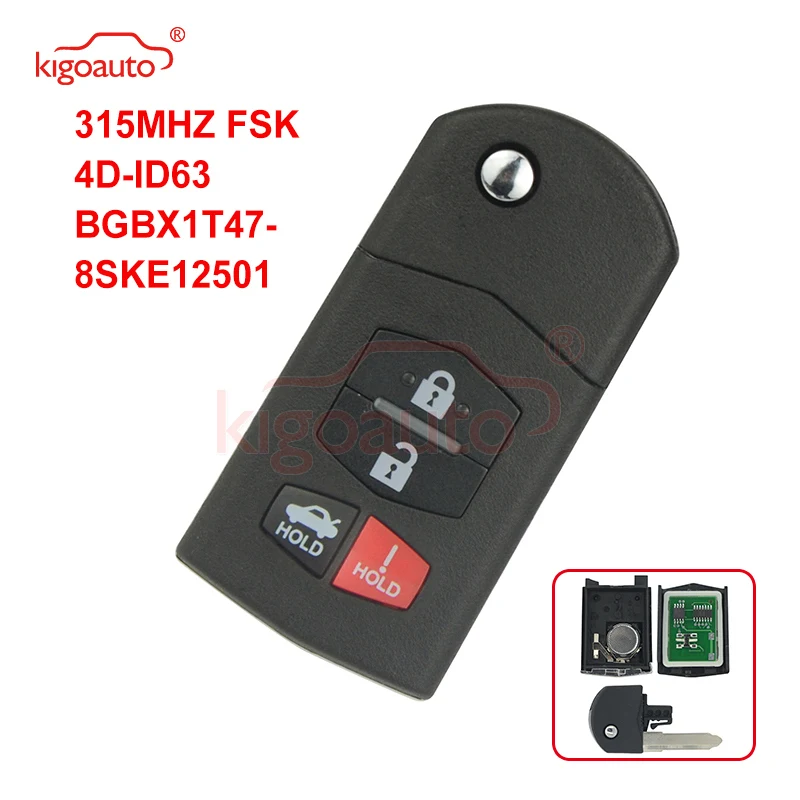 

Kigoauto 315MH 4D63 BGBX1T478SKE125-01 Flip 3+1 4 Button Remote Key Fob for Mazda 3 6 MX-5 Miata CX-7 CX-9 RX-8