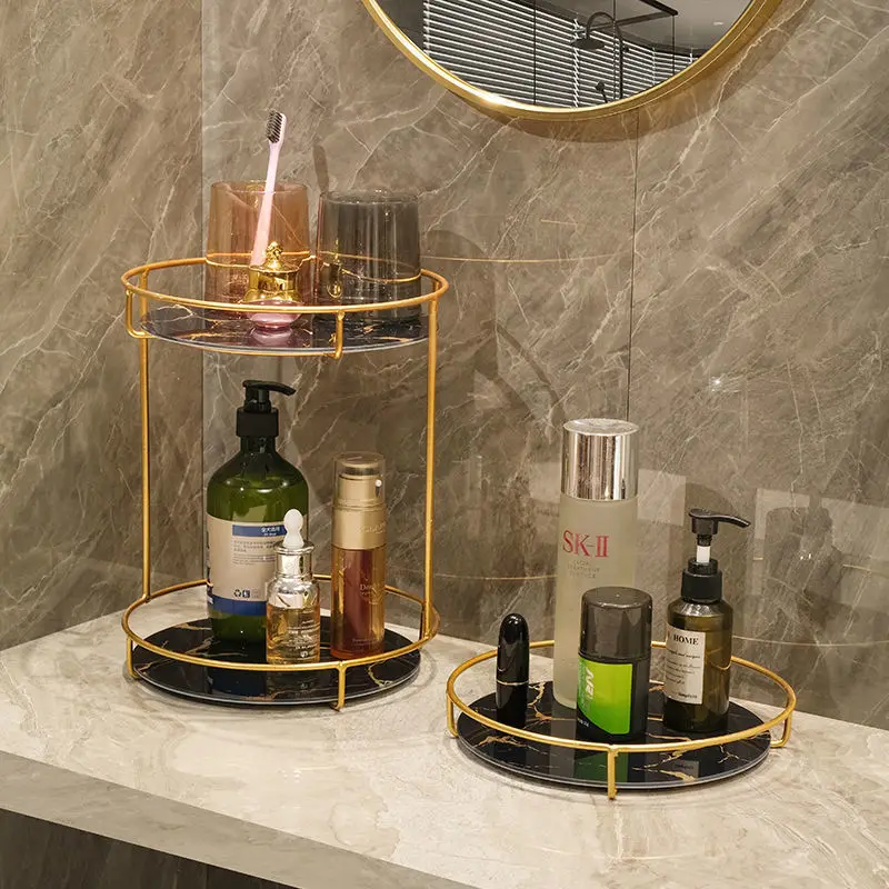 Modern Metal Frame Imitation Marble Glass Bottom Plate Storage Shelf