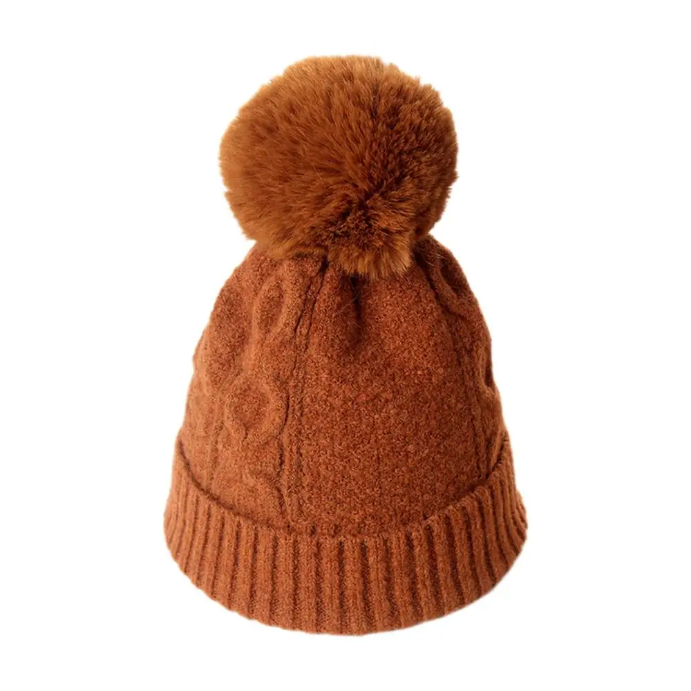 Women Cable Knit Beanie Hat with Fluffy Pompom Winter Crochet Cuffed Skull Cap