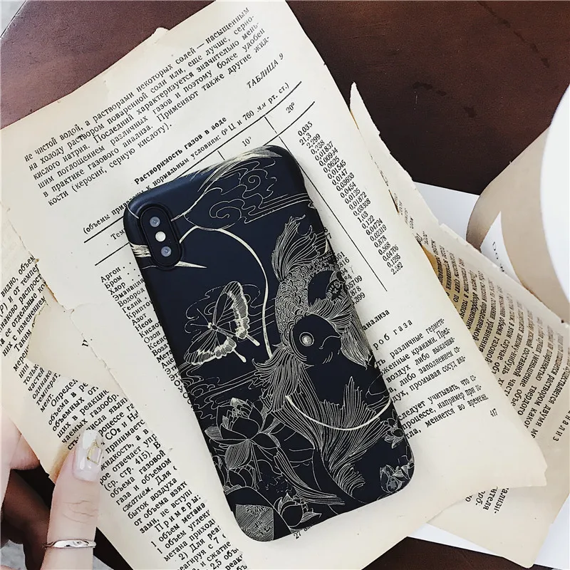 

Koi butterfly mascot Japanese style black case for iPhone 11 iPhone 11 Pro case matte cover for iPhone X XS XR XS MAX 6 7 8 Plus