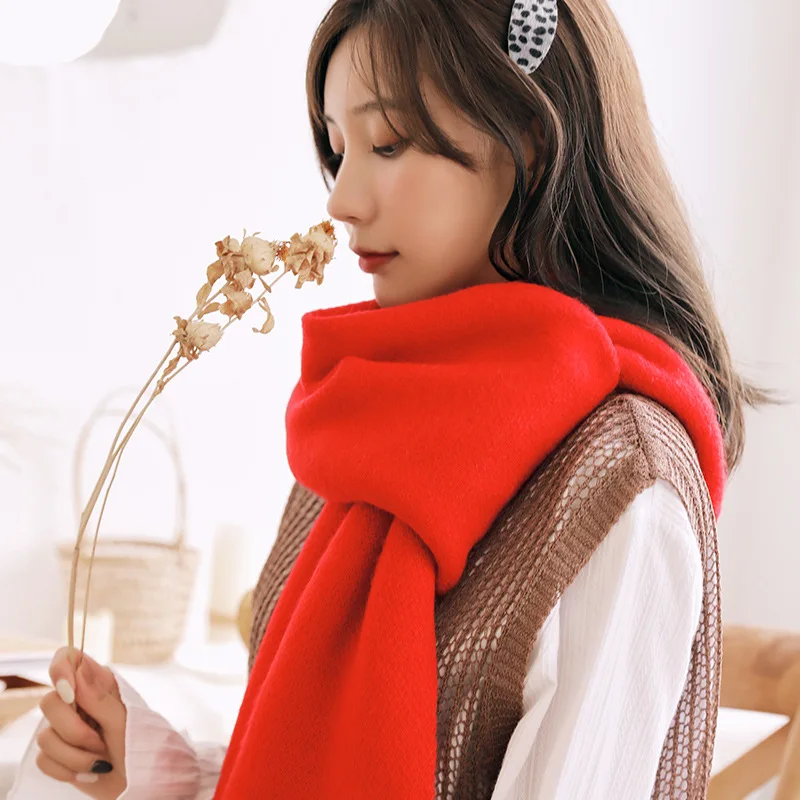 Популярные Элегантные женские зимние утепленные мягкие однотонные кашемировые шарфы пашмины шали Вязанные шерстяные Harajuku длинный шарф - Цвет: Красный