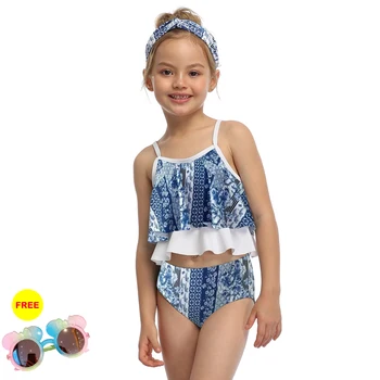 

2020 Hot Bikini Set Girls Elegant Blue Swimwear Bathing Suit 2 Pieces Sexy Summer Swimsuit For Children Pleated Skirt Swim Wear