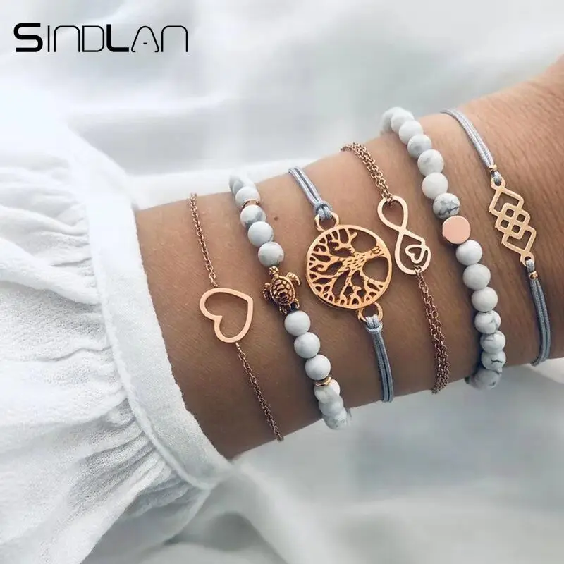 

Sindlan 6PCs Vintage Geometric Turtle Charm Bracelets for Women Natural Stone Beaded Chain Infinity Boho Bracelets Set Jewelry