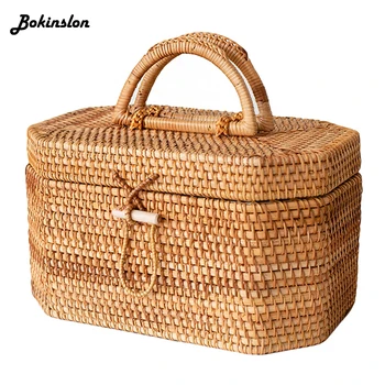 

Bokinslon Octagonal Willow Rattan Storage Box Fashion Female Wicker Basket Portable Storage Box Women