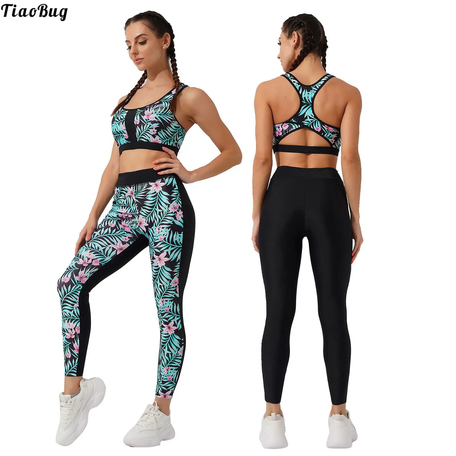 

TiaoBug Summer Women 2Pcs Yoga Sport Suit Sleeveless Round Neck Racer Back Printed Padded Top With Elastic Waistband Leggings