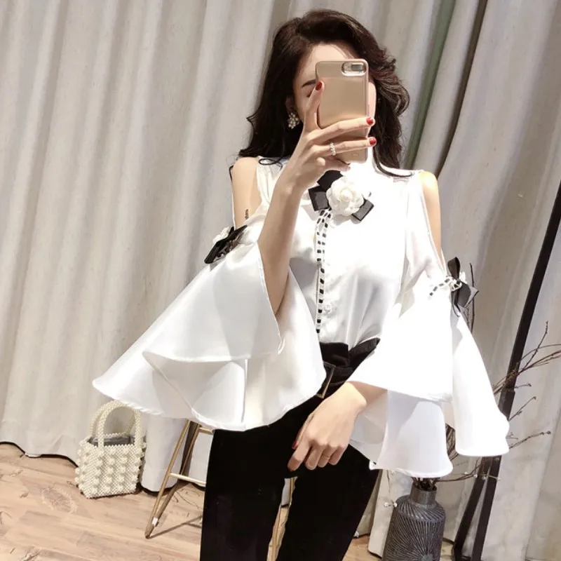 

2020 New Summer Big Flare Sleeve Shirt 3D Flower Bows Vintage Women Blouse New Fashion Elegant Chiffon Shirt