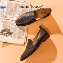 BeauToday Casual Loafers Women Genuine Cow Leather Square Toe Slip-On Autumn Spring Lady Flats Handmade 27176