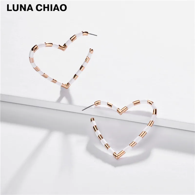 white LUNA CHIAO Модные Разноцветные эмалированные серьги-кольца с большим сердцем для женщин - Окраска металла: white