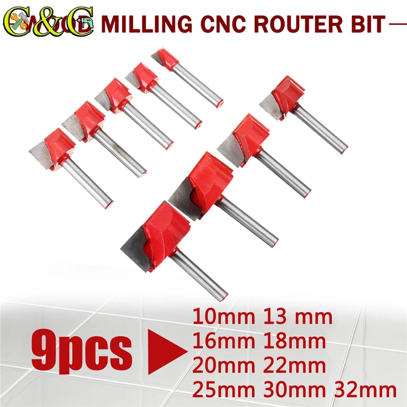 

9pcs 6mm Surface Planing Bottom Cleaning Wood Milling CNC Cutter Engraving Knife Shank Router Bit Woodworking Tools 10-32mm