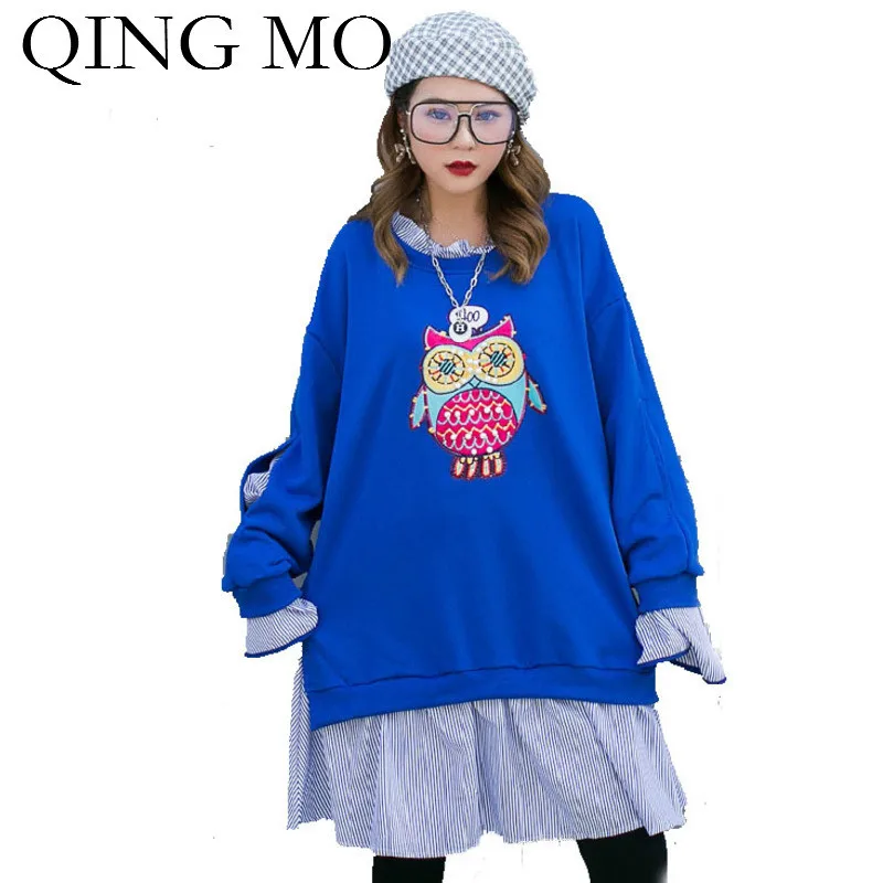 QING MO, Женская толстовка с принтом совы, синяя, женская, в полоску, из кусков, толстовка с бисером, большие размеры, толстовка, весна, ZQY1679