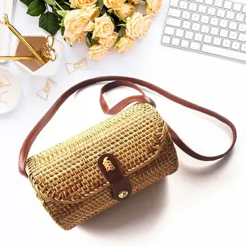 

Stylish Straw Woven Small Shoulder Bags Rattan Long Tube Women Flap Leather Buckle Crossbody Ladies Handmade Handbags