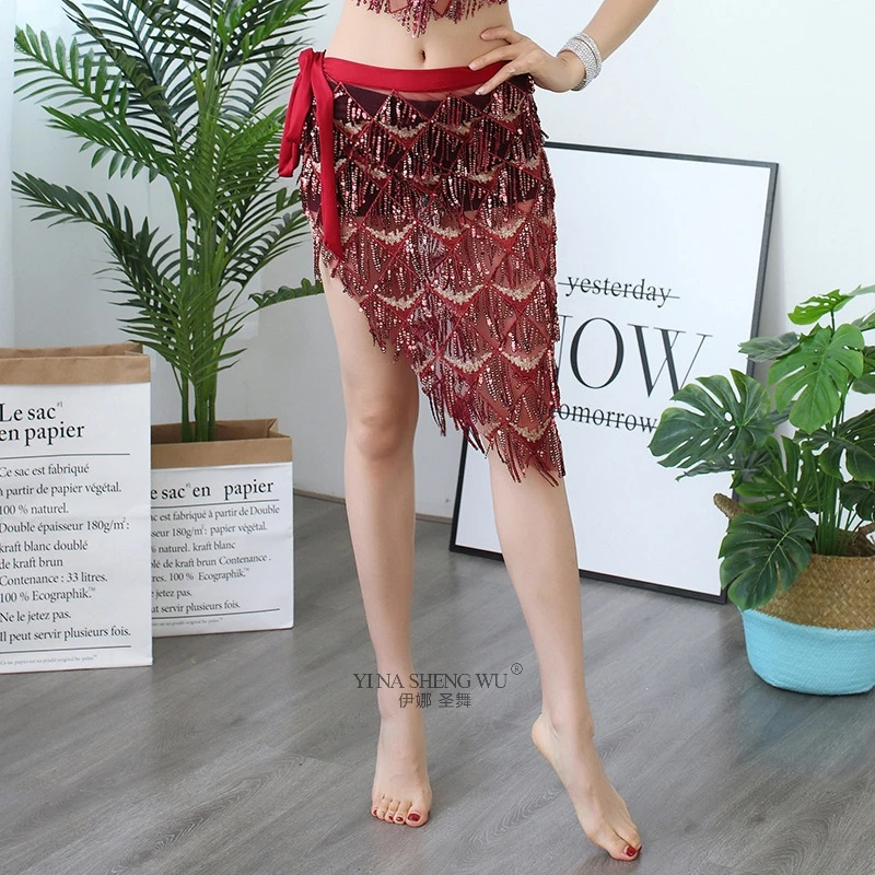 1200 Red Skirt Сексуальный женский комплект для танца живота, блестящий топ для танца живота, тренировочные костюмы, прозрачный сетчатый топ с длинным/половинным рукавом, кисточка, шарф, юбка - Цвет: 1200 Red Skirt