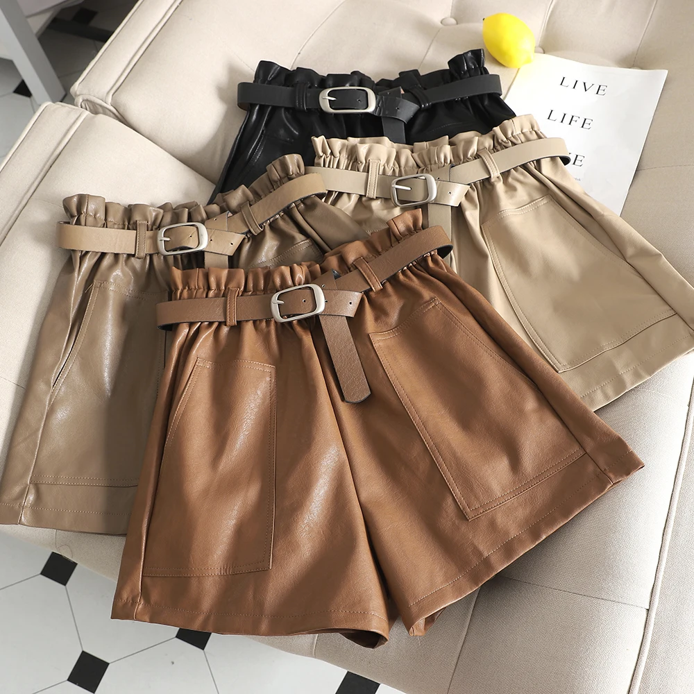 

High Waist PU Leather Shorts For Women Elastic Waist Sashes Female Wide-leg Short 2019 Autumn Winter Loose Ladies A-line Shorts