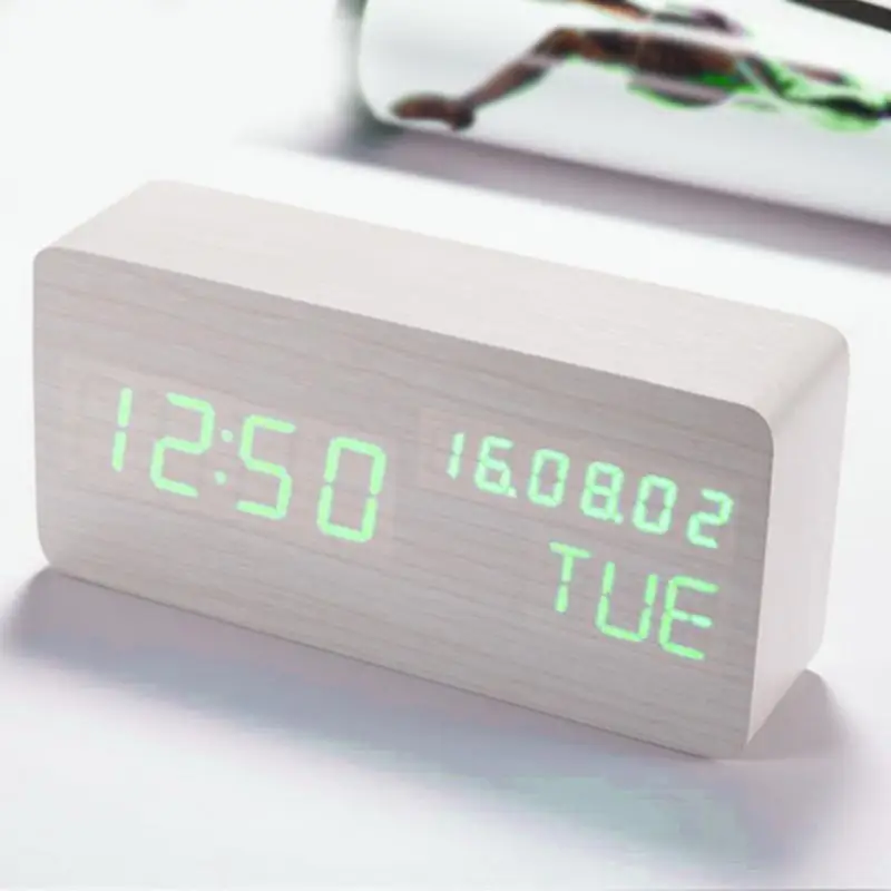 Светодиодный деревянный куб часы Голосовое управление электронные настольные часы светодиодный прикроватный будильник цифровые часы без радио для детей