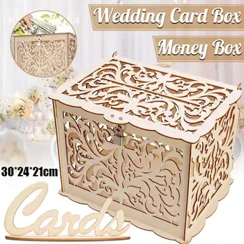 

New DIY Wedding Gift Card Box Wooden Box with Lock Beautiful Wedding Decoration Supplies for Birthday Party Storage Money Box