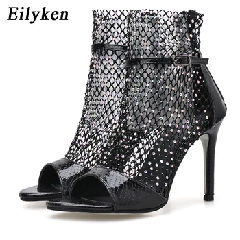 

Eilyken 2020 New Sexy Rhinestones Ankle Buckle ZIP Women's High Heels Peep-toe Boots Sandals Stiletto Summer Ladies Party Shoes