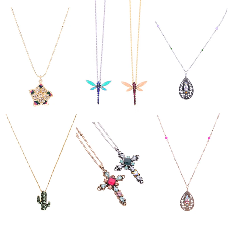

Eight-type Exquisite Crystal Flower Dragonfly Cactus Cross Water Drop Pendant Necklace For Women Gifts Fashion Jewelry Wholesale