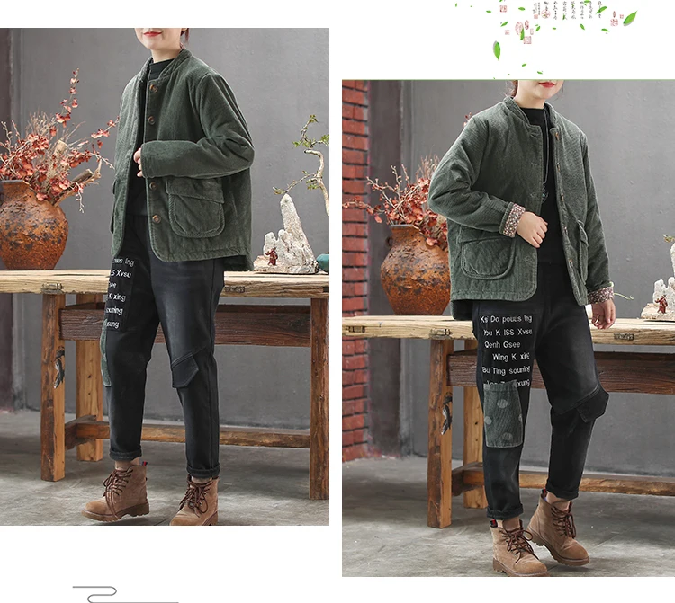 Corduroy Women Parkas Autumn Winter Big Size Cotton-padded Single-breasted Pockets Solid Color Women Warm Coat YoYiKamomo