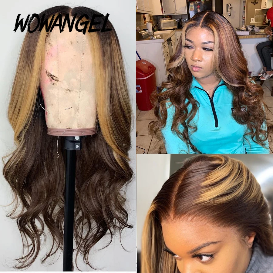 

WOWANGEL Pre Plucked Brazilian Remy 13*6 Lace Front Human Hair Wigs Wavy Ombre Blonde Colored Highlight 180% Deep Middle Part