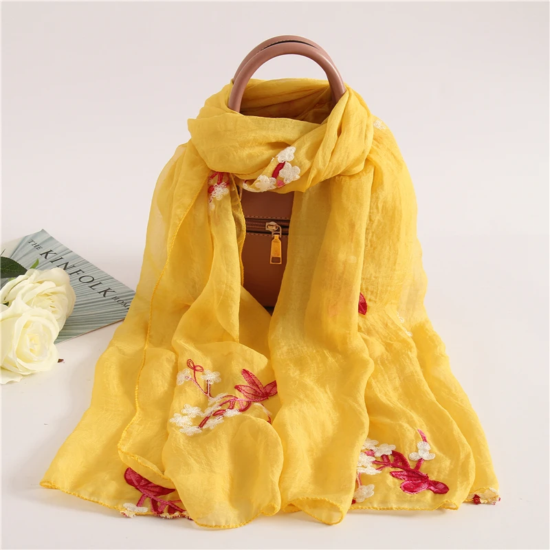 Embroidery Silk Scarves for Women New Fashion Floral Print Shawls and Wraps Thin Long Pashmina Lady Neck Scarf Hijab Femme