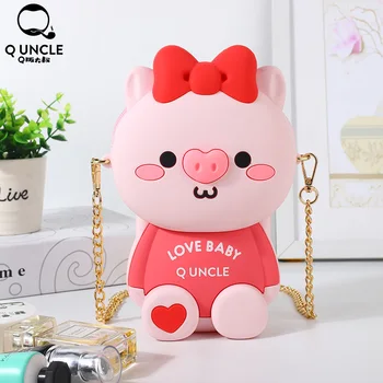 

Q UNCLE Luxury Bow Fashionable Bags Cartoon Pig Crossbody Bags Chain Wide Shoulder Strap Buckets Zipper Silicone Shoulder Bags