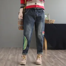 Зимние джинсы Для женщин ретро теплые флисовые Повседневное джинсовые штаны с эластичной резинкой на талии с карманами и с рисунком отбеленные брюки, подходящие для любого размера