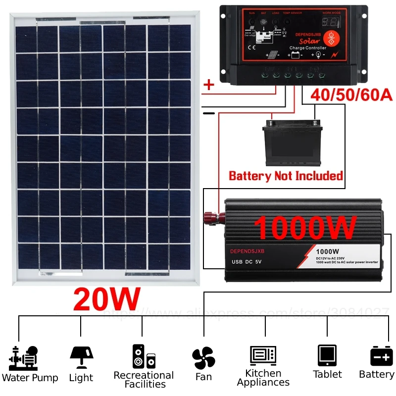 Solar Panel Power System Kit 220V//1000W Inverter 12V//18V Battery Charger USB Out