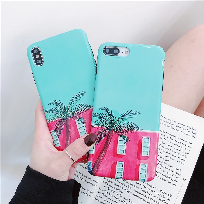 Small fresh summer romantic coconut tree pattern mobile phone case for iphone 6 6S 7 8 PLUS X XR XS MAX anti-fall fashion shell |