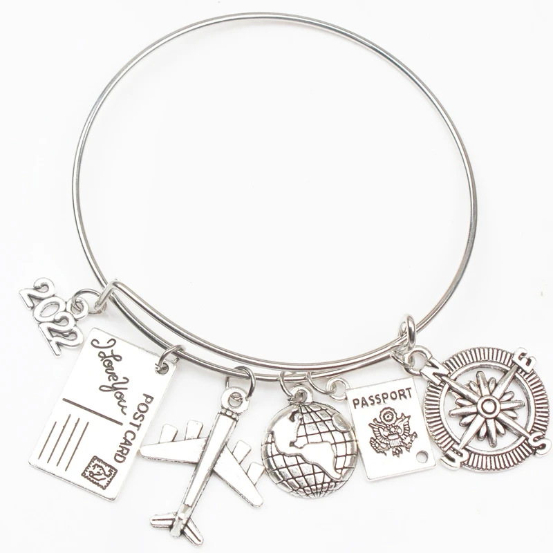 Earth Plane Postcard Alloy Bracelet Compass Pendant Travel Bracelet Best Friend Jewelry Gift Handmade DIY