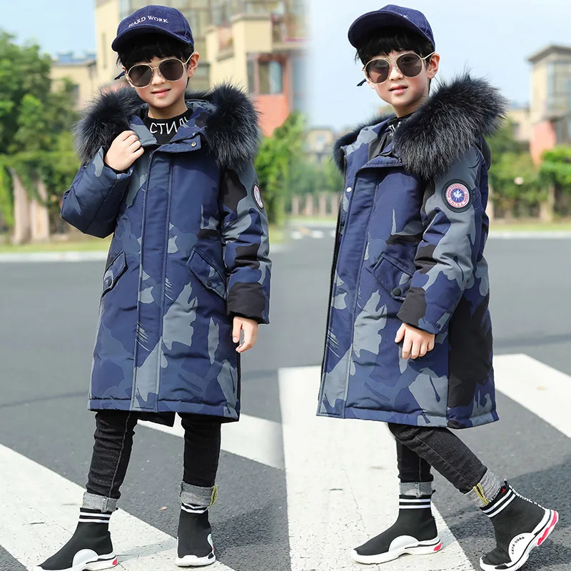 

down jacket in winter 2019 han edition of the new boy long with thick white duck down children's wear camouflage jacket
