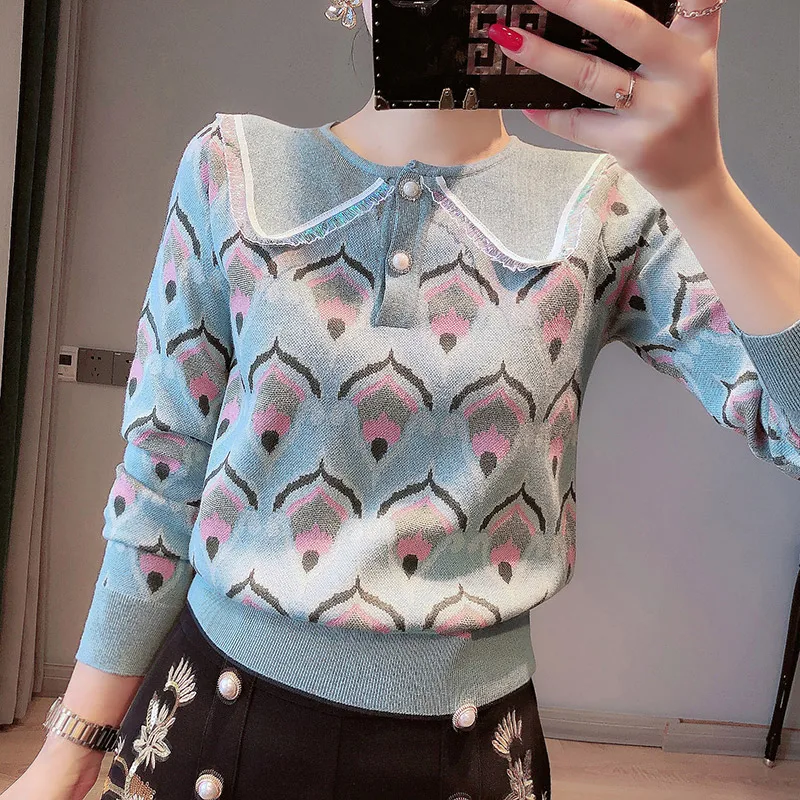 

2021 Fall Sweaters for Women Contrast Color Geometric Jacquard Knitted Sweater Women Pullover Peter Pan Collar Cute Jumpers