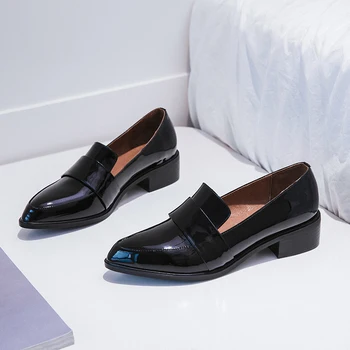 

VANGULL women Genuine Leather shoes spring and autumn cow leather pointed toe Patent leather buckle office shoes career shoes