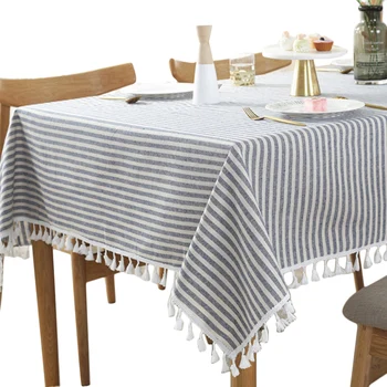 

140/180/220/250cm Cover For Kitchen Dinning Tablecloth Dust-Proof Plain Printed Elegant Retro Stripe Tassel Cotton Linen Square