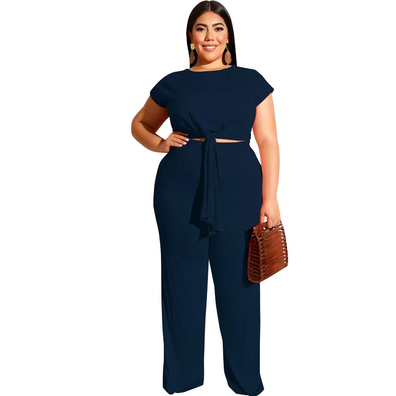 

2020 New Summer Women Solid Color Two-Piece Sets Ladies Plus Size Leisure Slim Fit Tops And Pants Female High Quatily Suit LT76