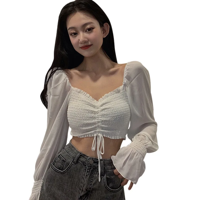 Women's Fashion Off Shoulder Shirt  Sweet Pleated Soild Navel Exposed Chiffon Long Sleeves Blouses