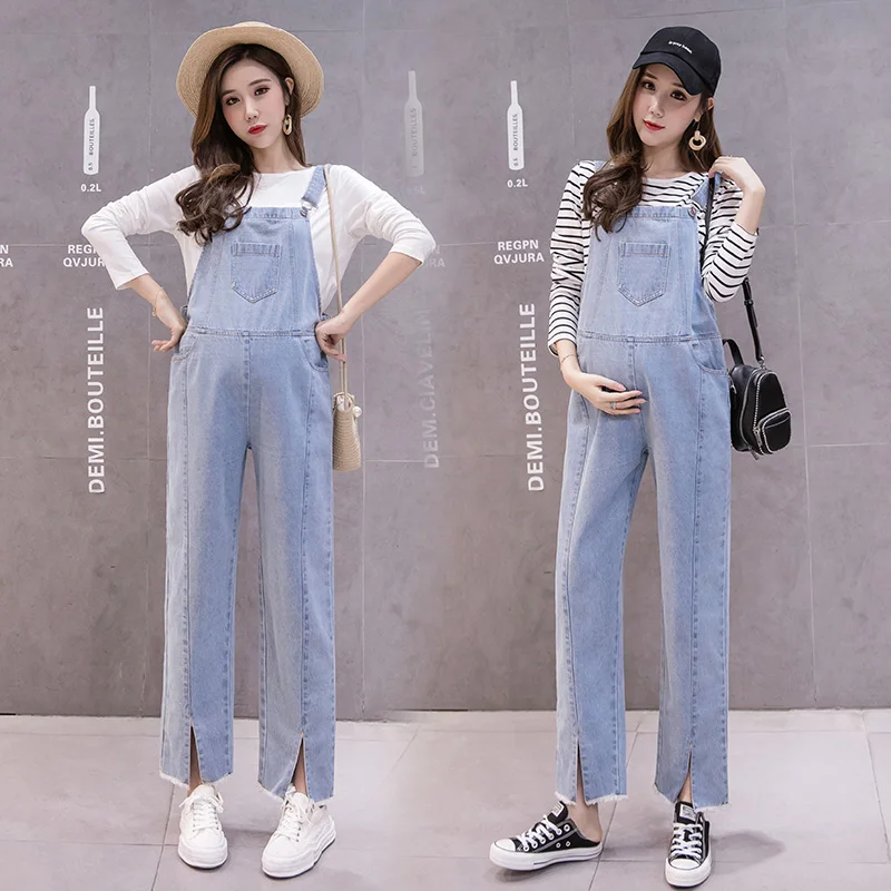 3259# Light Blue Washed Denim Maternity Jumpsuit Large Size Loose Autumn Fashion Overalls for Pregnant Women Pregnancy Bib Pants