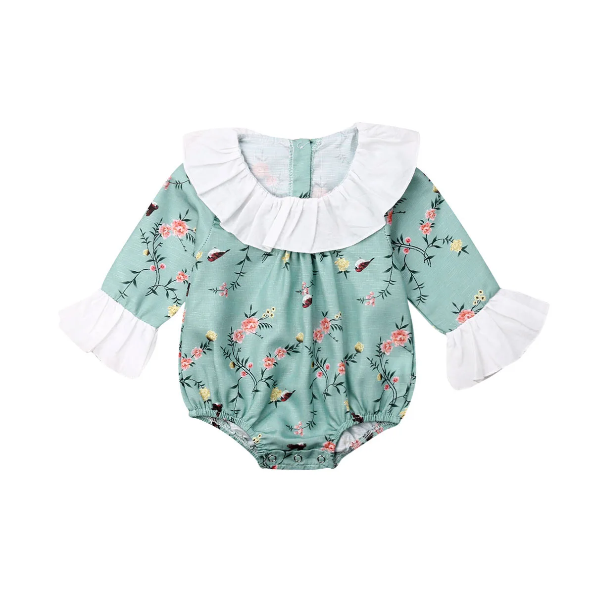

Baby Girl Green Clothes Flare Long SLeeve Cotton Bodysuits New Floral One Piece Autumn Suits