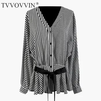 

Loose Women Black Striped Split Joint Big Size Blouse New V-colar Long Sleeve Loose Fit Shirt Fashion Spring Autumn 2020 QW012