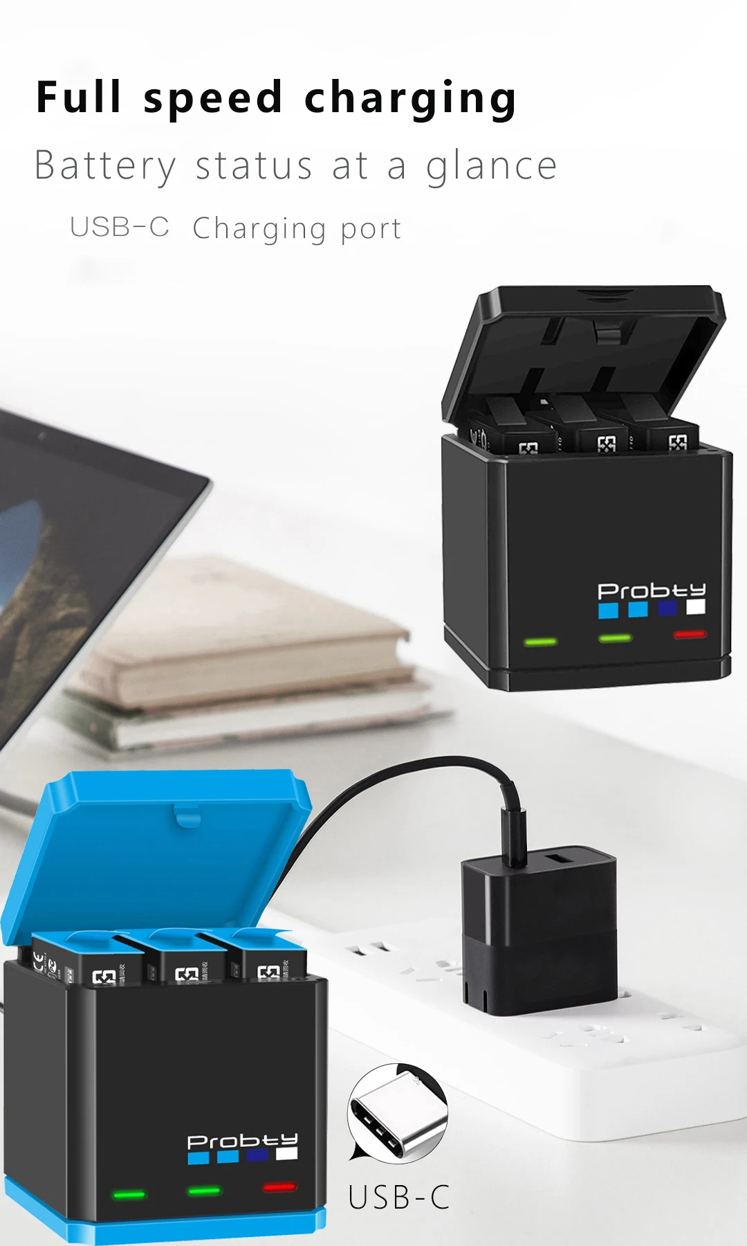 Description Picture 4 of itemFor Gopro Hero 10 9 8 7 6 5 Hero 9 1850mAh Li-ion Battery 3-Way Fast Charging Case Action Video Cameras Accessories