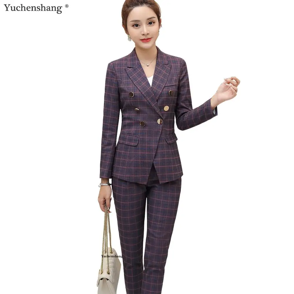 Women Girl Casual Pant Suits Purple Gray Plaid Blazer Jackets Set Suit Uniform Designs Style Jackets Coat and Pant 2 Pieces Set
