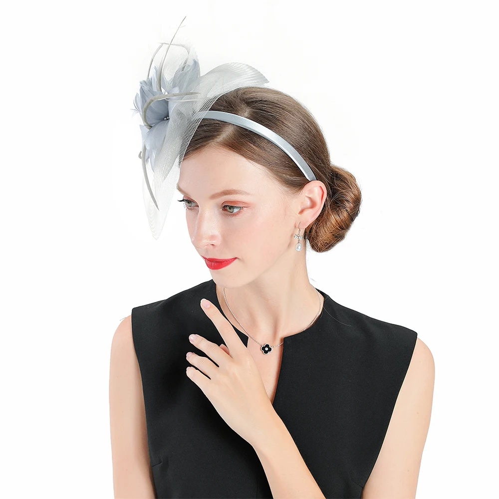 Fascinators Gray Wedding Pillbox Hat For Women Polyester Feather Flower With Veil Fedora Vintage Ladies Church Banquet Party Hat