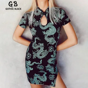

Gothblack Vintage Slim Hollow Out Dress Gothic Women Stand Short Sleeve Bodycon Dragon Print Side Split Mini Dresses 2020 New