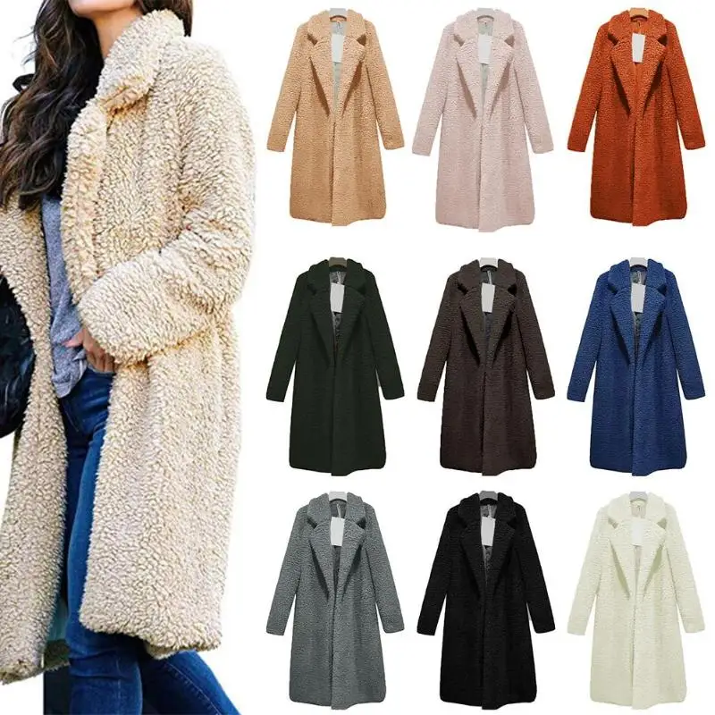 

Autumn Long Cardigan Fleece Coat Women Loose Warm Solid Color Outwear Tops