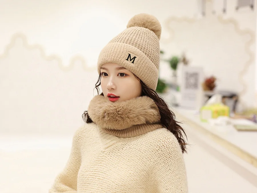 new cashmere beanie scarf set embroidery letter beanie solid color fur scarf set pom poms beanie