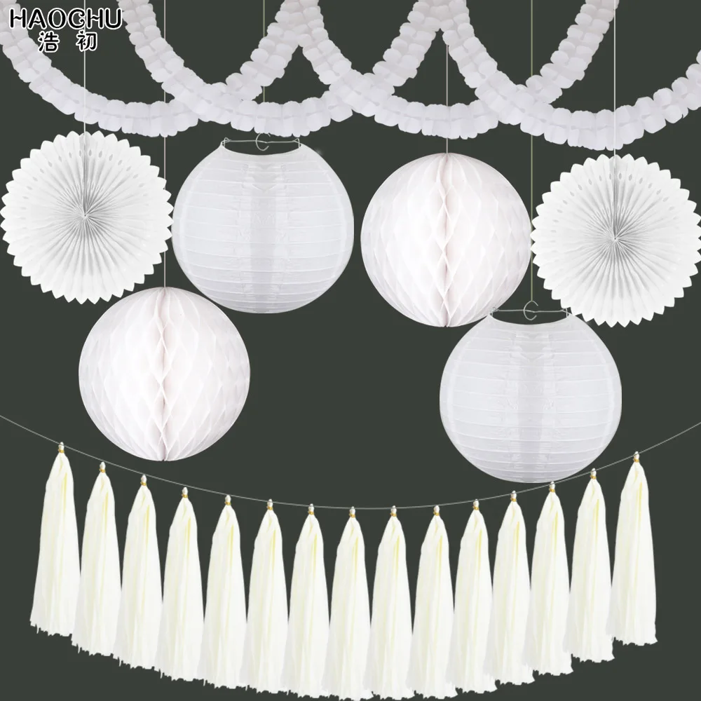 1Set 23pcs Mixed DIY Tissue Paper Tassel/Garland/Lantern/Fans/Honeycomb Balls Party Decorations Wedding Kids Unicorn Birthday - Цвет: White
