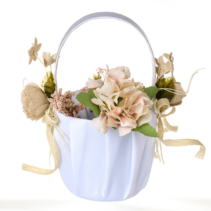 White Romantic Flower Girl Basket Rose Petals Bouquet Holder For
