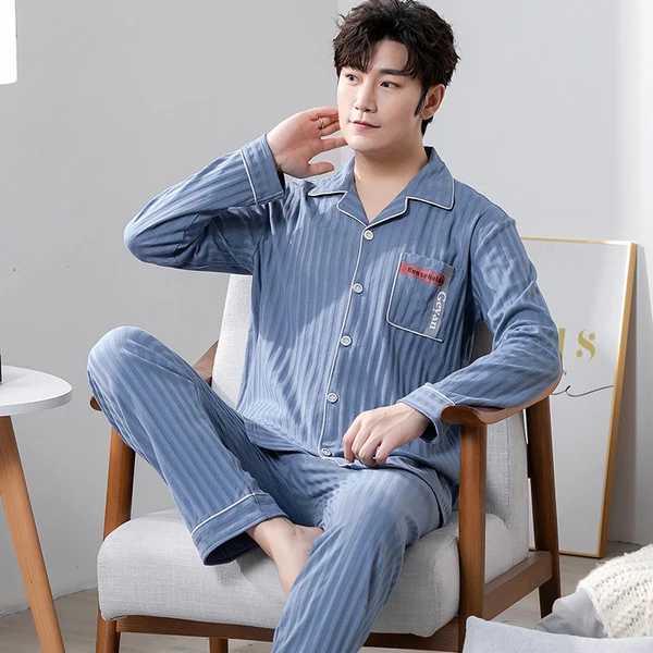 mens sleepwear set Men Sleepwear oversized 5X Pajamas for Male Home Clothes 100% Cotton Aldult Pijama Cardigan Casual Striped Nightwear 110kg wear cotton pjs Pajama Sets