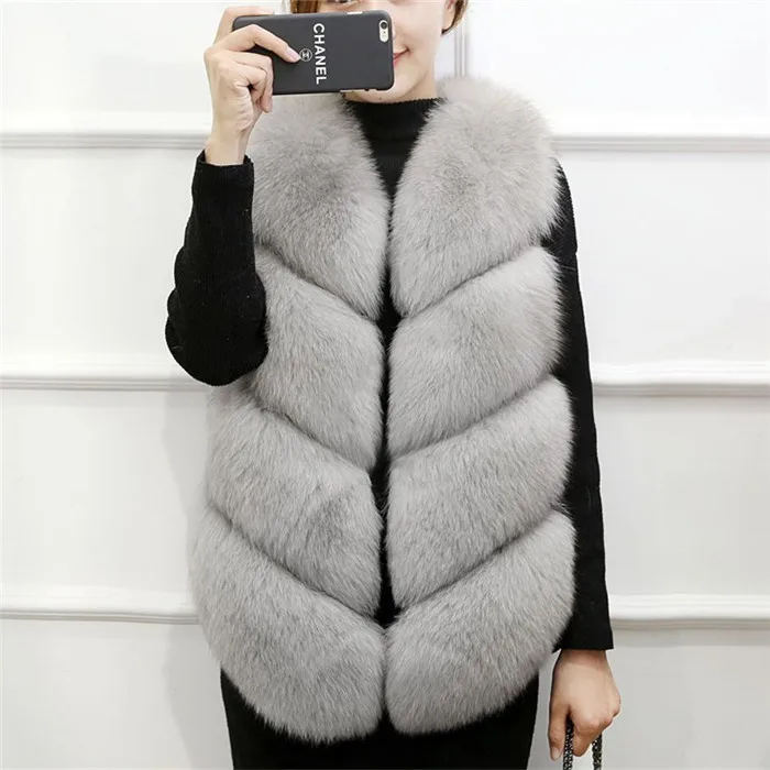 Модная женская меховая жилетка из натурального шуба из искусственного лисьего меха, зимняя теплая куртка, жилетка для женщин - Цвет: Серый